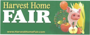 Harvest Home Fair poster with Ferris wheel, pig, and fruits and vegetables